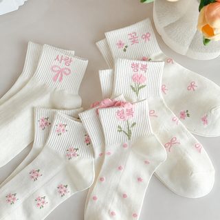 양말 여자 짧은 양말 ins 트렌디 여름 얇은 귀여운 일계 백합 핑크 온몸 꽃 흰색 밑단 짧은 양말