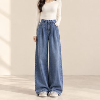 텐사 청바지 여자 바지 2026 가을 겨울 신상 하이웨스트 수직감 스트레이트 통 헐렁헐렁 작은 키에 융단 와이드 팬츠