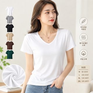 모달 반팔 흰색 마스크팩 티셔츠 여하 V넥 2025년 신상 아이스 터틀넥 루즈핏 블라우스 상의