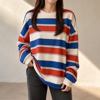 泰国网红条纹t恤女2026秋冬薄款宽松上衣跨境彩虹条纹长袖打底衫
